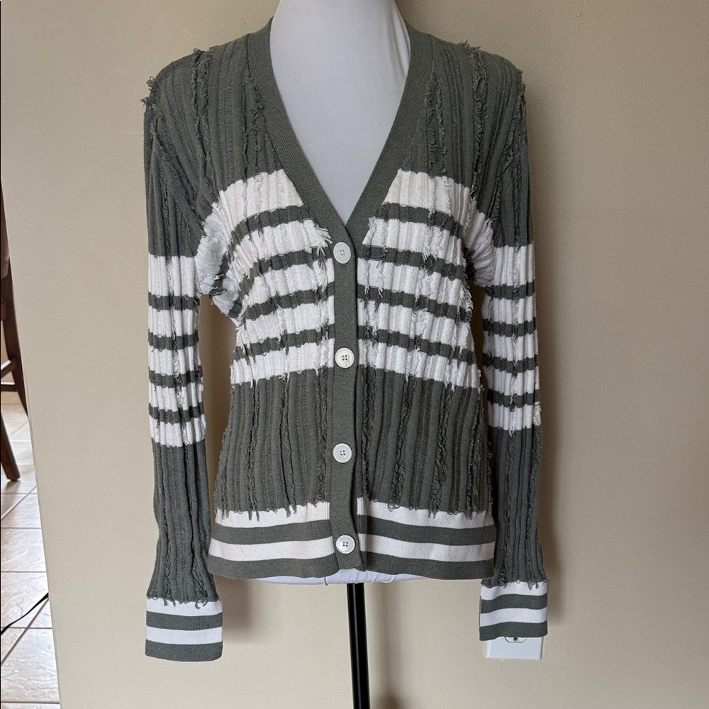 One Grey Day Sage Green Distressed Striped Cotton Cashmere Cardigan - M